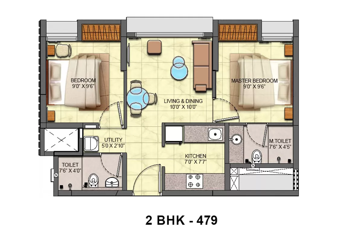 Pearl 2 BHK unit plan 487 sq.ft