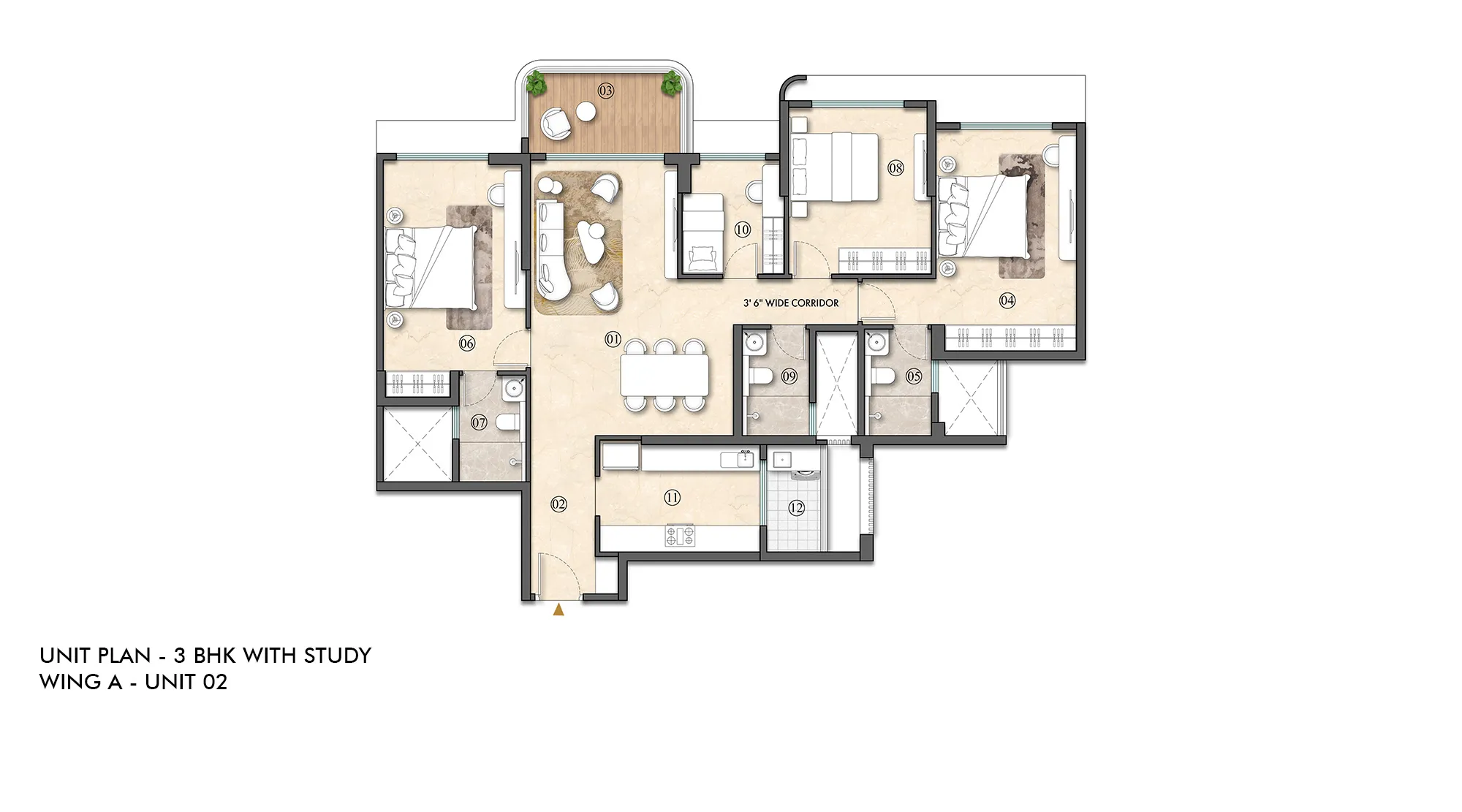 Lodha Altus, Borivali - Unit plan of 3 BHK with study flat in Borivali 